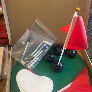 Golf Table Top Decor/4 tiny sets: Flags, balls, clubs, felt greens & sand traps.